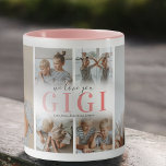 We Love You Gigi Photo Collage Mug<br><div class="desc">Delight your beloved grandmother with a cherished gift that brings joy with each sip. This unique coffee mug, embellished with a 6-photo collage of her favourite little ones, bears a heartfelt message, 'We love you Gigi' in an adorable pink gradient font. A personalized touch with the children's names adds that...</div>