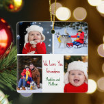 We Love You Grandma Custom Cute Kids Photo Collage Ceramic Ornament<br><div class="desc">This cute, custom two-sided Christmas ornament features a modern layout of 4 family photos on a white background with red and green typography reading We Love You Grandma. This beautiful grandkids photo gift features your own photograph collage surrounding your personalized message and names for your grandmother. Add a 5th picture...</div>