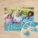 We Love You Grandma Custom Photo Gift | Aqua Jigsaw Puzzle<br><div class="desc">Custom printed puzzles personalized with your photo and text. Add a special photo with your mother or grandmother for Mother's Day. Text reads "We Love You Grandma" or customize it with your own message. Use the design tools to add more photos, change the background color and edit the text fonts...</div>