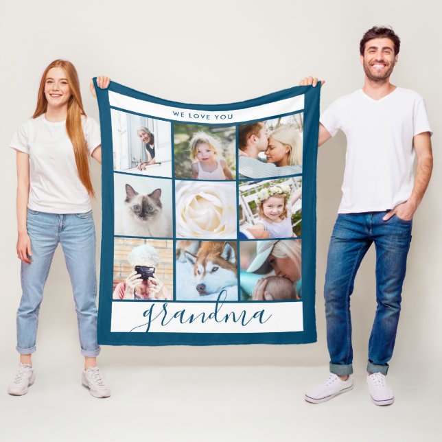 We Love You Grandma Custom Photo Gift Navy Blue Fleece Blanket (In Situ)