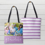 We Love You Grandma Custom Photo Mother's Day Gift Tote Bag<br><div class="desc">Custom 2-sided reversible tote bags personalized with your photos and text. Add a special photo with your mother or grandmother for Mother's Day. Text reads "We Love You Grandma" or customize it with your own message. Back side has a chic stripe pattern or use the space for additional photos and...</div>