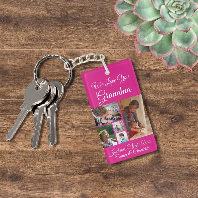 We Love You Grandma | Elegant Magenta 5 Photo Keychain (Creator Uploaded)