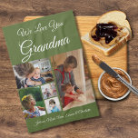 We Love You Grandma | Elegant Olive Green 5 Photo Kitchen Towel<br><div class="desc">Elegant 5 photo collage kitchen towel with customizable we love you grandma script typography and personalized with grandkids names on customizable olive green background.</div>
