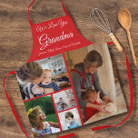 We Love You Grandma | Elegant Red 5 Photo Apron<br><div class="desc">Elegant 5 photo collage apron with customizable we love you grandma script typography and personalized with grandkids names on customizable red background.</div>