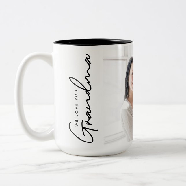 We Love You Grandma Elegant script Custom Photo  Two-Tone Coffee Mug (Left)