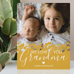 We Love You Grandma Keepsake Photo Plaque<br><div class="desc">Personalized grandmother photo plaque featuring a precious family photo,  a mustard yellow heart border design,  the saying "we love you grandma",  and the childrens names.</div>