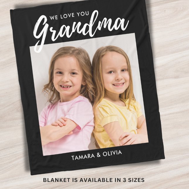 We Love You Grandma One Photo Personalized Black Fleece Blanket (Creator Uploaded)
