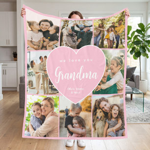 We Love You Grandma Personalized 8 Photo Collage Fleece Blanket