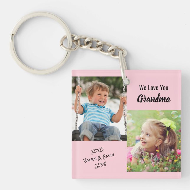 We Love You Grandma Personalized Photos Pink Keych Keychain (Front)