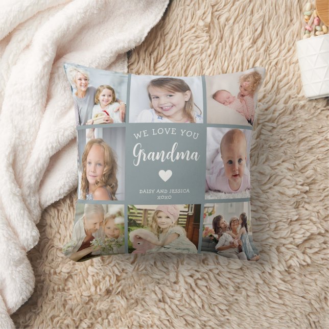 We Love You Grandma Photo Collage Blue Throw Pillow (Blanket)