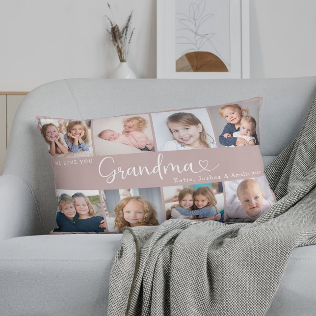We Love You Grandma Photo Collage Heart Script Lumbar Pillow (Creator Uploaded)