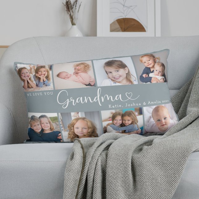 We Love You Grandma Photo Collage Heart Script Lumbar Pillow (Creator Uploaded)