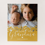 We Love You Grandma Photo Jigsaw Puzzle<br><div class="desc">Personalized grandmother picture puzzle featuring a precious family photo,  a mustard yellow heart border design,  the saying "we love you grandma",  and the grandchildrens names.</div>