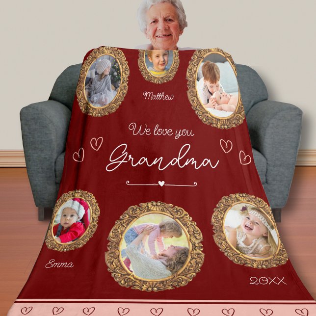 We Love You Grandma Six Photo with Text Red Heart Fleece Blanket (Creator Uploaded)