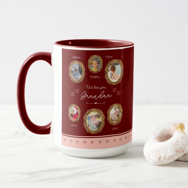 We Love You Grandma Six Photo with Text Red Heart Mug (With Donut)
