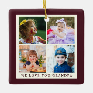 We love You Grandpa 4 Photo Christmas Burgundy Ceramic Ornament