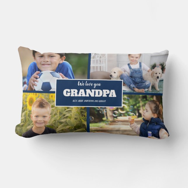We Love You Grandpa 4 Photo Navy Blue   Lumbar Pillow (Front)
