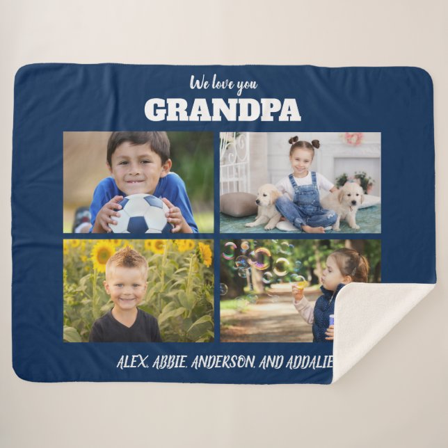 We Love You Grandpa 4 Photo Navy Blue    Sherpa Blanket (Front (Horizontal))