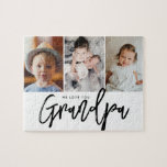We love you Grandpa Grandchildren photos Jigsaw Puzzle<br><div class="desc">Using beautiful and modern Typography for the words "We love you Grandpa", elegant script and classic font together with san serif type. Customize this photo puzzle with the grandkids' photos for the grandfather to treasure and cherish Simple, with 3 photo spots, thoughtfully laid-out. A wonderful gift for granddad.</div>