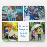 We Love You Grandpa Grandkids Photo Collage Mouse Pad<br><div class="desc">This cute,  custom grandkids photo collage mousepad for a grandfather features a modern layout of 4 grandchildren photos on a white background with blue typography reading Happy Birthday Grandpa. This beautiful photo gift features your own photograph collage surrounding your personalized message and names.</div>