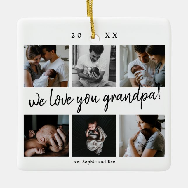 We Love You Grandpa Modern 6 Photo Grandfather's Ceramic Ornament (Front)