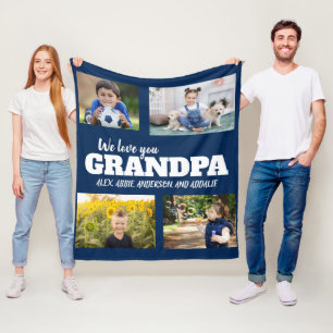 We Love You Grandpa Navy Blue 4 Photo Child Family Fleece Blanket