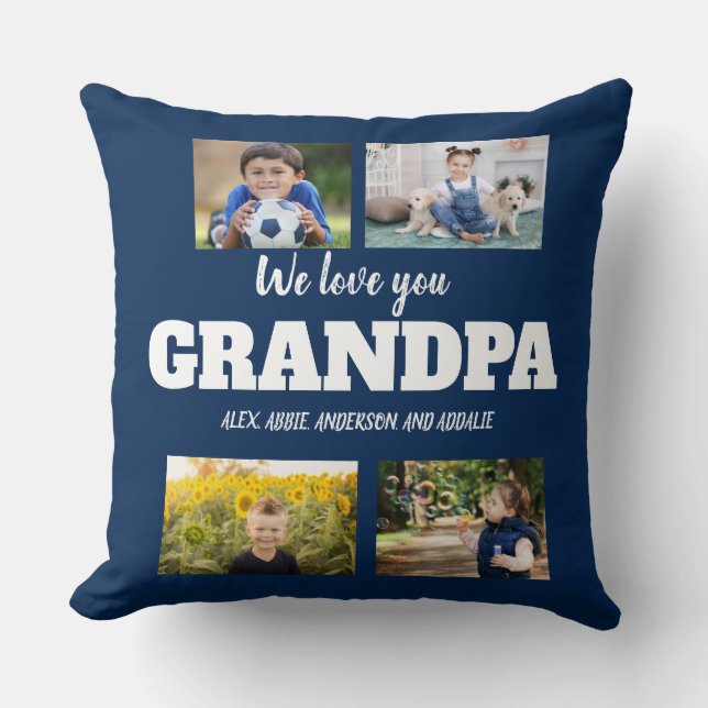 We Love You Grandpa Navy Blue 4 Photo Collage Throw Pillow (Front)