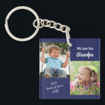 We Love You Grandpa Personalized Photos Blue Keych Keychain<br><div class="desc">Celebrate Grandpa with this fun design with white typography against a navy blue background. You can add two photos of a grandchild or grandchildren, personalize the expression to "I Love You" or "We Love You, " and personalize whether he is called "Grandpa, " "Poppop, " etc. You can also add...</div>