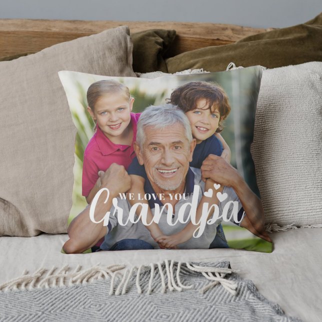 We Love You Grandpa Photo Hearts Script Throw Pillow (Creator Uploaded)