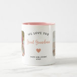 We Love You Great Grandma Photo Modern Keepsake Two-Tone Coffee Mug<br><div class="desc">This 2-photo collage pink modern mug features the heartfelt message, "We love you Great Grandma." and a beautiful heart. An ideal gift for your great grandmother, the 2-photo template can be personalized with two pictures of favourite great grandchildren, transforming it into a cherished keepsake to be treasured for years to...</div>
