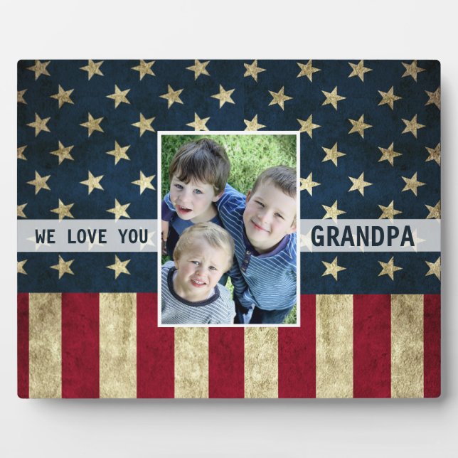 We Love You Military Grandpa American Flag Photo   Plaque (Front)