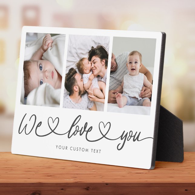 We Love You Modern Heart Script Photo Collage Plaque (A family-themed photo plaque on a wooden surface featuring 3 custom photos and a "We Love you" text )