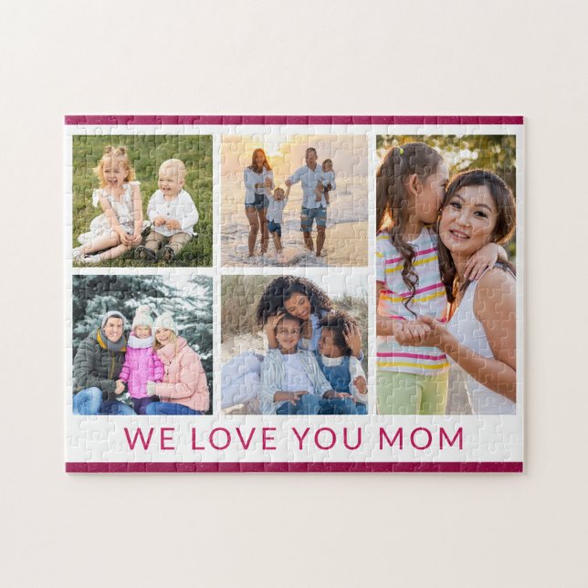 We Love You Mom 5 Photo Collage Pink Glitter Jigsaw Puzzle (Horizontal)