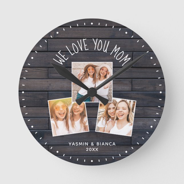 We Love You MOM Cute Modern Photo Collage  Round C Round Clock (Front)