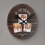 We Love You MOM Cute Modern Photo Collage  Round Clock<br><div class="desc">Modern 3 photo collage clock with a customizable message now reading WE LOVE YOU MOM, with 3 frames favourite pictures underneath on a rustic farmhouse style (printed) dark wood background. Make it your own by adding your names and year below. Unique and personal keepsake gift for the best mom ever...</div>