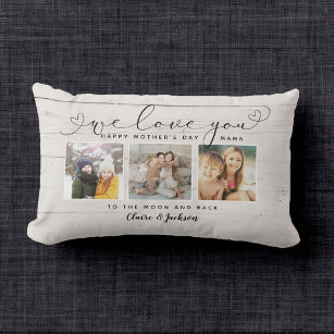 We love You Mom Family Photo Collage Rustic Script Lumbar Pillow