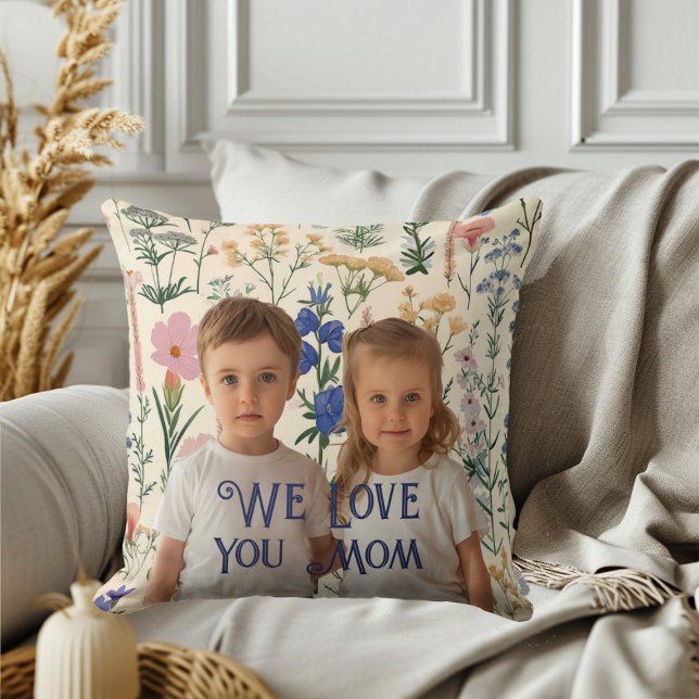 We Love You Mom Greenery Leaves Mothers Day Photo  Throw Pillow (We Love You Mom Greenery Leaves Mothers Day Photo Throw Pillow)
