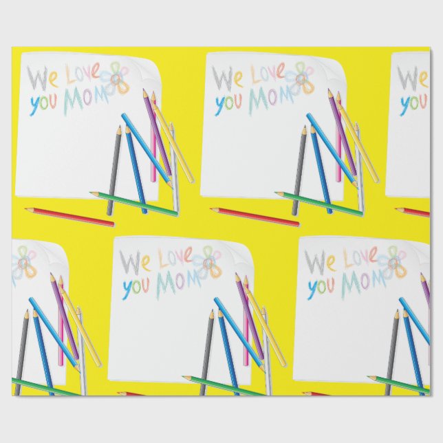 We Love You Mom Hand-Drawn Crayon Art Wrapping Paper (Flat)
