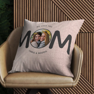 We Love You MOM Modern Mothers Day Gift Pink Photo Throw Pillow