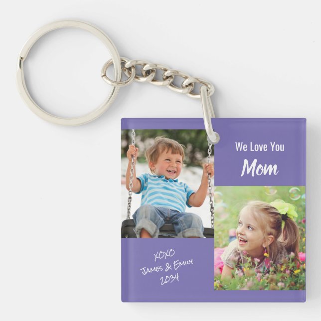 We Love You Mom Personalized Photos Purple Keychain (Front)