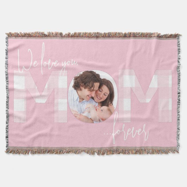 We Love You Mom Pink and White Throw Blanket (Front)