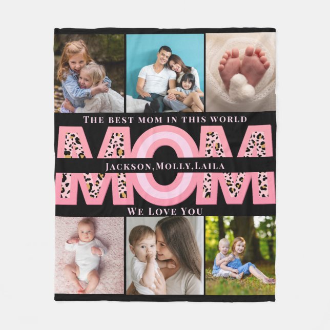 We Love You Mom Pink Minimalist 6 Photo collage Fleece Blanket (Front)