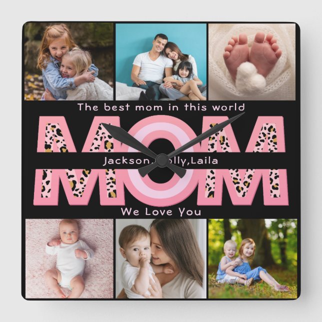We Love You Mom Pink Minimalist 6 Photo collage Square Wall Clock (Front)
