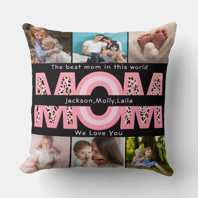 We Love You Mom Pink Minimalist 6 Photo collage Throw Pillow (Front)