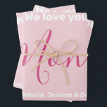 We Love You Mom Pink Minimalist Wrapping Paper Sheet<br><div class="desc">We Love You Mom Pink Minimalist Design. Sweet, feminine, simple, modern and elegant typography. Text is "We love you", "Mom", and "Your Names". All the text can easily be changed to your own lovely messages. Order these pretty wrapping paper sheets today to express your love and thanks to your wife,...</div>