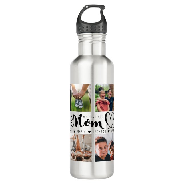 We Love You Mom Script Kids Names Photo Collage 710 Ml Water Bottle (Front)