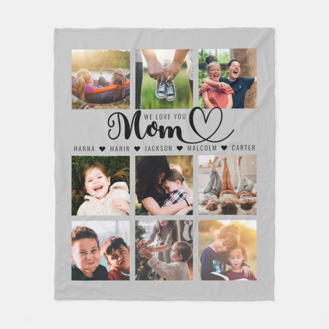We Love You Mom Script Kids Names Photo Collage Fleece Blanket (Front)