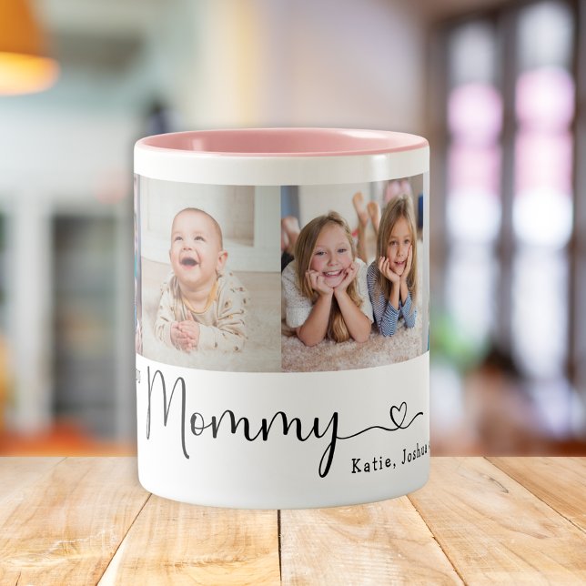 We Love you Mommy 4 Photo Collage Modern Script Two-Tone Coffee Mug (Creator Uploaded)