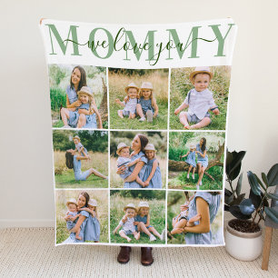 We Love You Mommy Sage Green Photo Collage Fleece Blanket