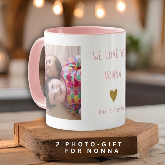 We Love You Nonna 2 Photo Collage Grandma  Pink Mug (We Love You Nonna 2 Photo Collage Grandma Pink Mug)